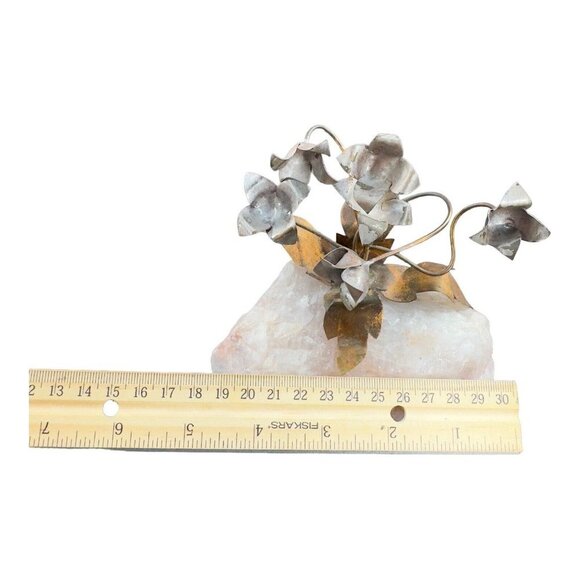 1960s Vintage Metal Flowers On A Pink Stone Mineral Rock Mid Century Figurine - Picture 4 of 10